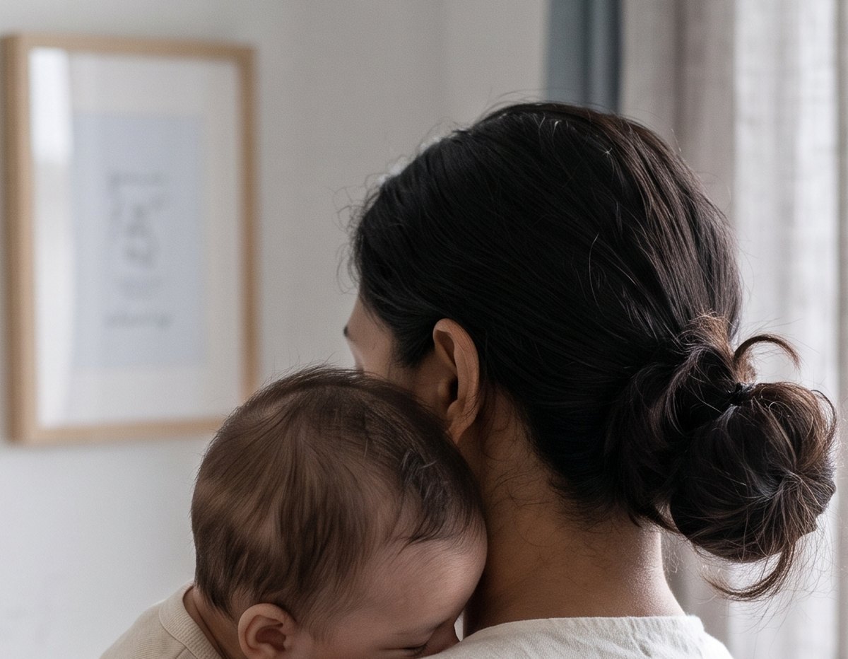 A parent holding a baby against her shoulder beside a cot