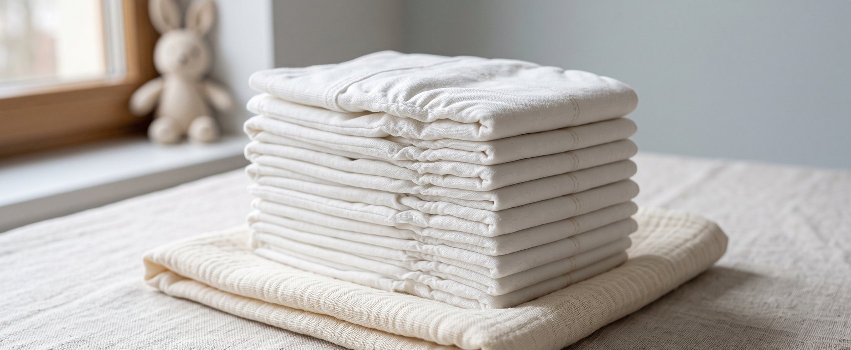 A folded stack of plain white diapers resting on a muslin cloth
