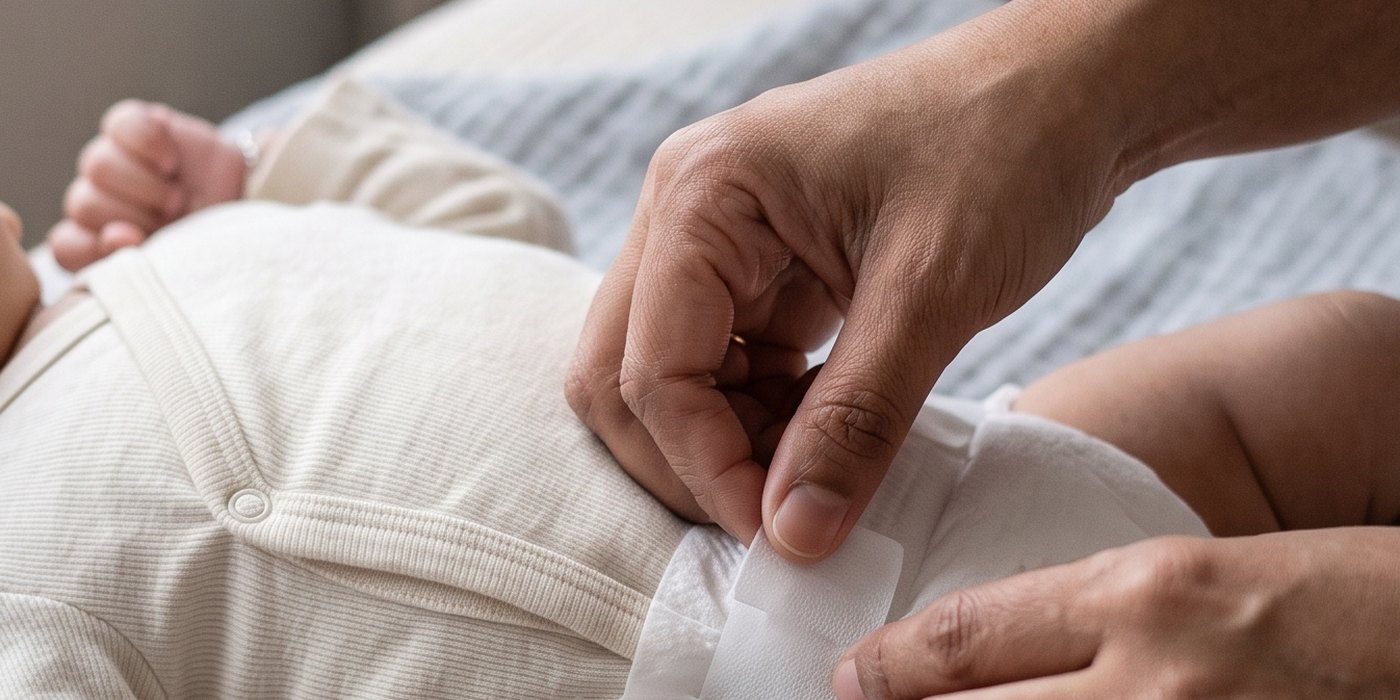 A parent fastening a Malmal diaper on a baby lying on a muslin cloth